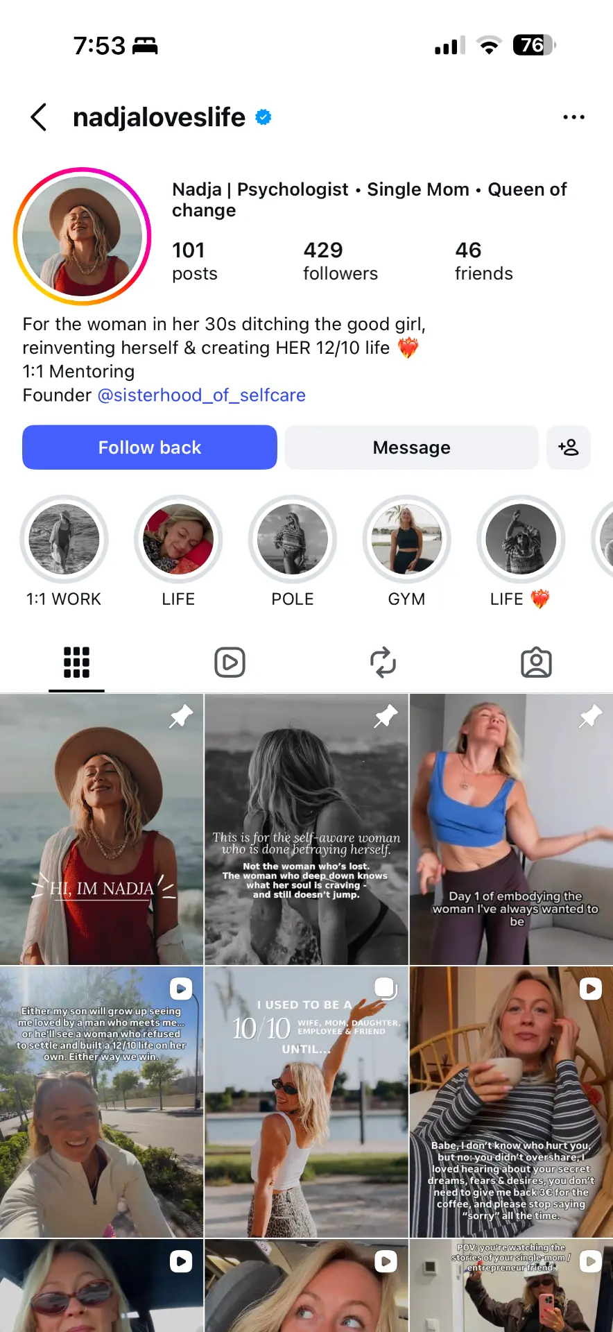 Nadja's Instagram before: 429 followers, psychologist and single mom reinventing herself