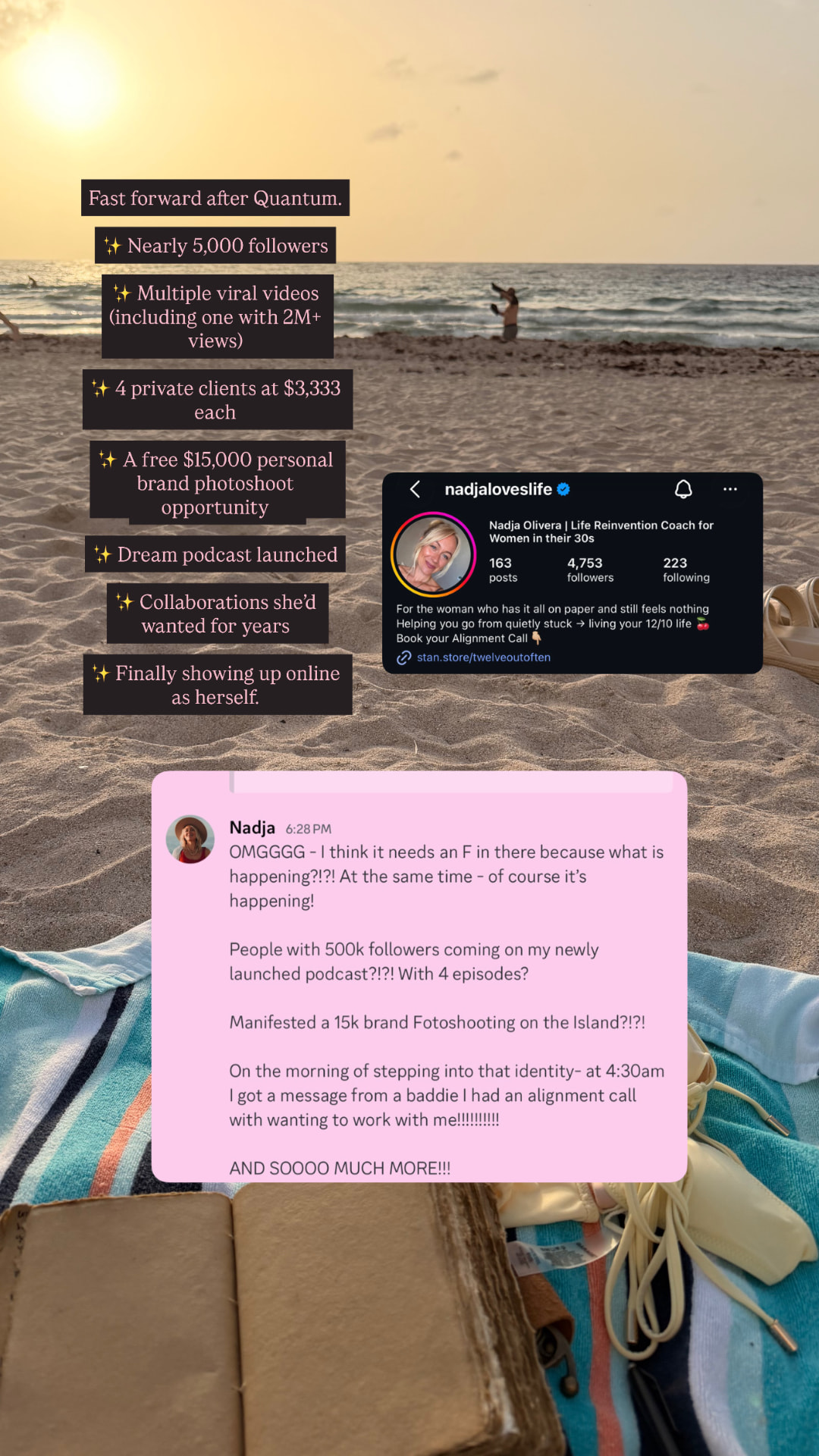 Nadja's results list: 4 private clients at $3,333, a free $15,000 brand photoshoot and a launched podcast